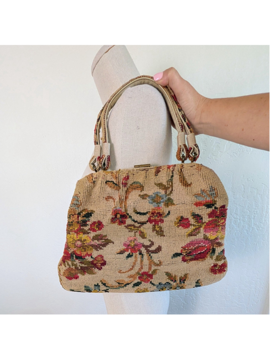 Handbags - Vintage Floral Needlepoint Tapestry Kiss Lock Handbag Cottagecore Carpet Bag